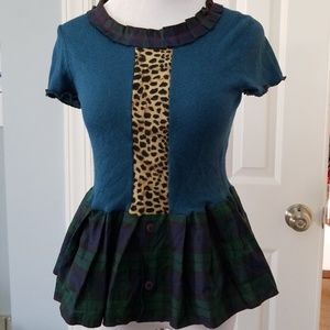 Anthropologie Teal and Green Blouse with Leopard Detail NWOT